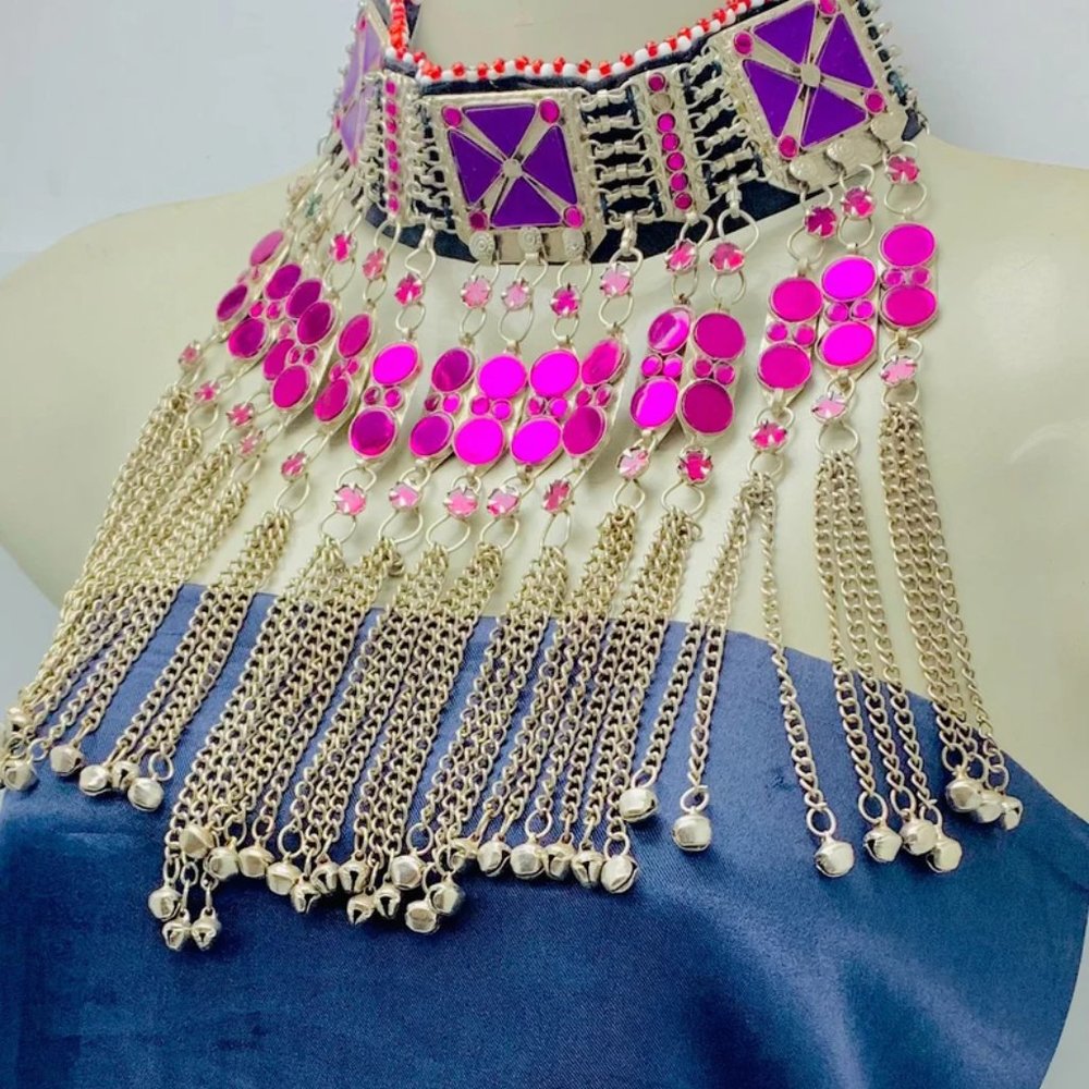 Handmade Afghan Choker Necklace: Purple Stone Tribal Statement with Bells - Picture 4 of 12